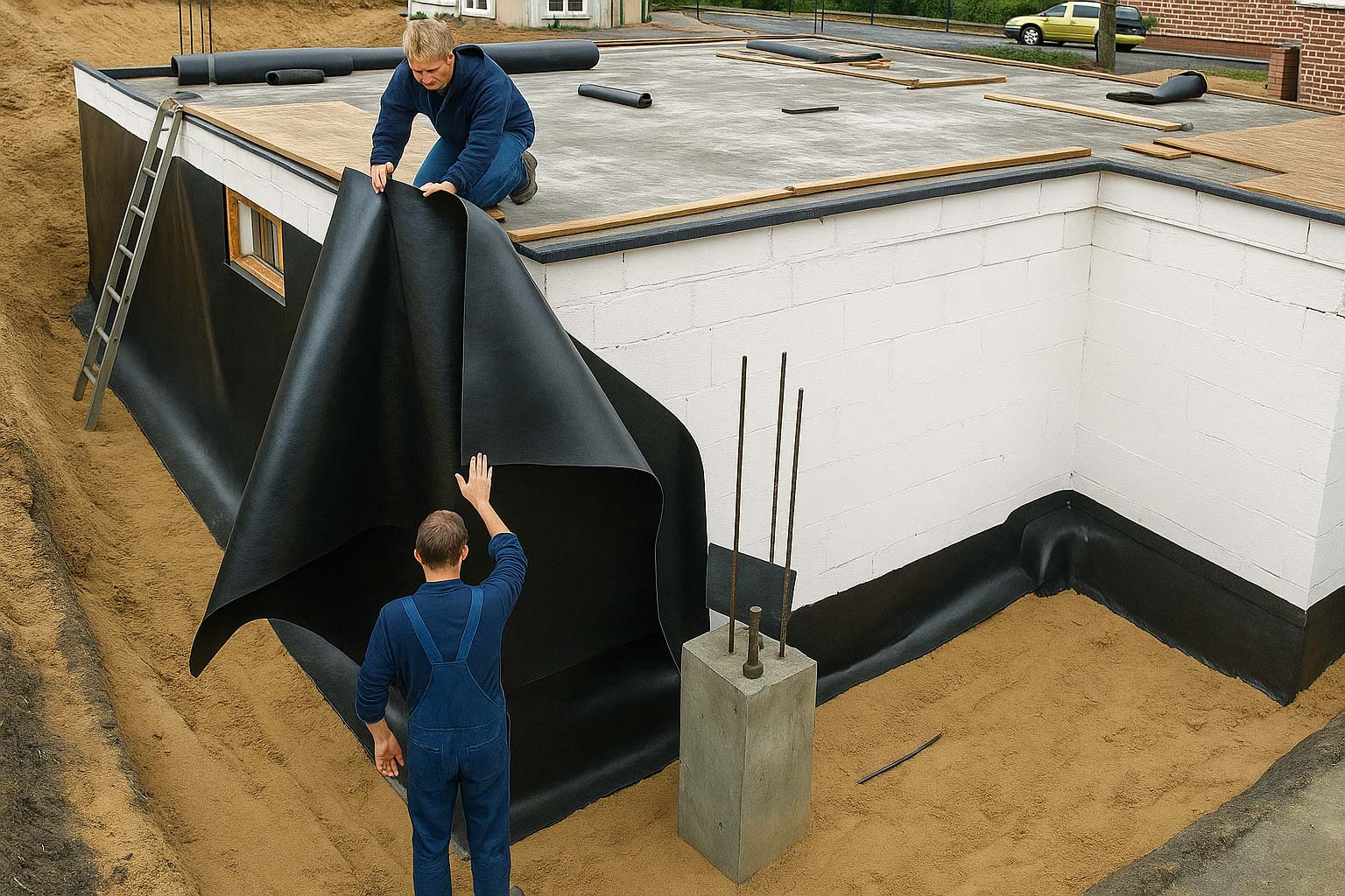 Aufbringen der Bitumen-Dickbeschichtung auf die Kelleraußenwand